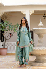 Pista Satin Embroidered Kurta Set