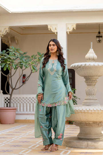 Pista Satin Embroidered Kurta Set