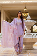 Purple Satin Embroidered Kurta Set