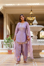 Purple Satin Embroidered Kurta Set