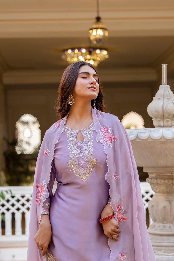Purple Satin Embroidered Kurta Set