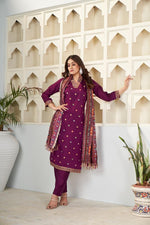 Elegant Wine Purple Embroidered Kurta Pant Set