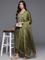 Olive Green Embroidered Chanderi Kurta Pant Set