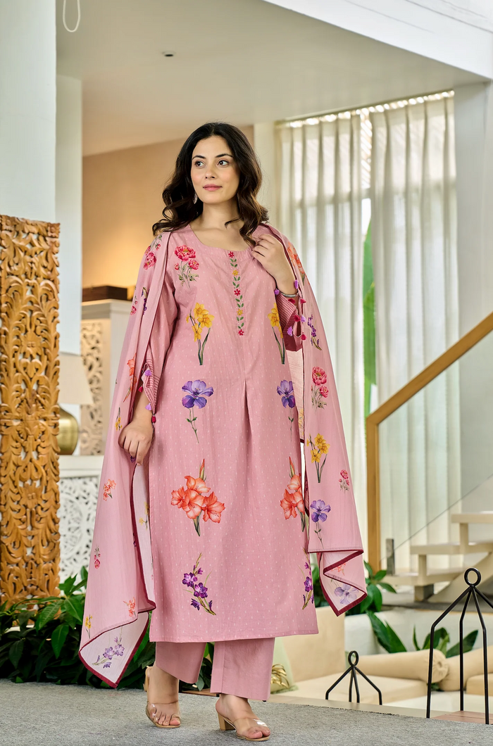 Pink Chanderi Butti Printed Kurti Set
