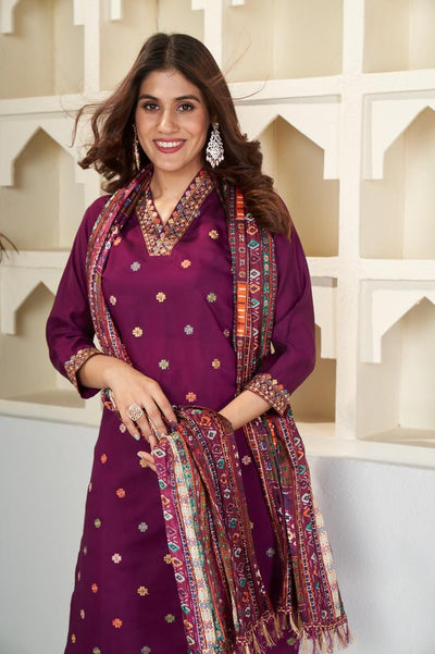 Elegant Wine Purple Embroidered Kurta Pant Set