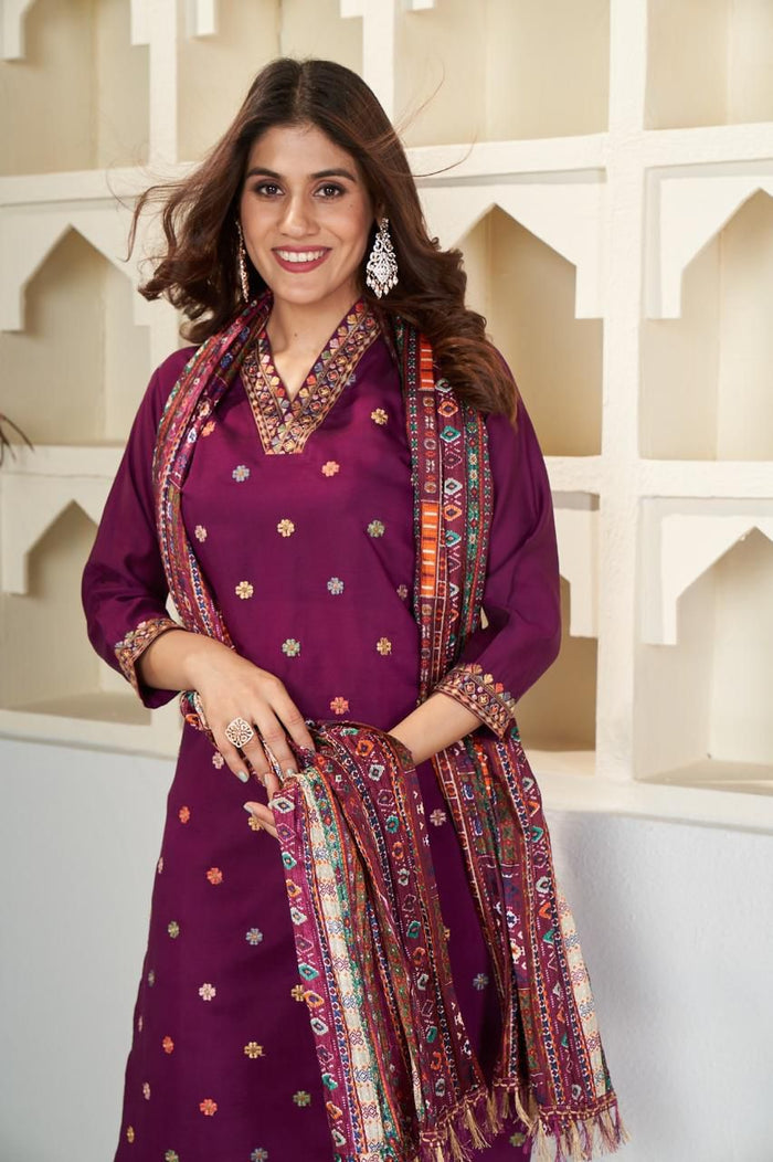 Elegant Wine Purple Embroidered Kurta Pant Set