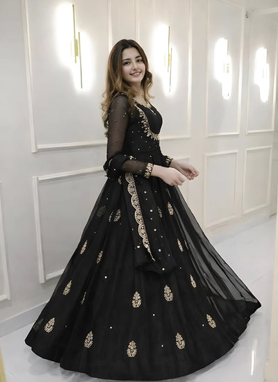 Black Georgette Embroidered Anarkali Set
