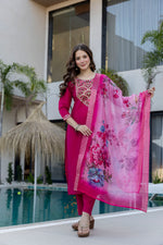 Magenta P.V. Chanderi Embroidered Kurti Set