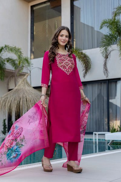 Magenta P.V. Chanderi Embroidered Kurti Set