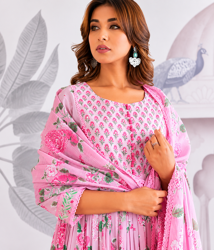 Jaipuri Cotton Flared Anarkali Suit Set