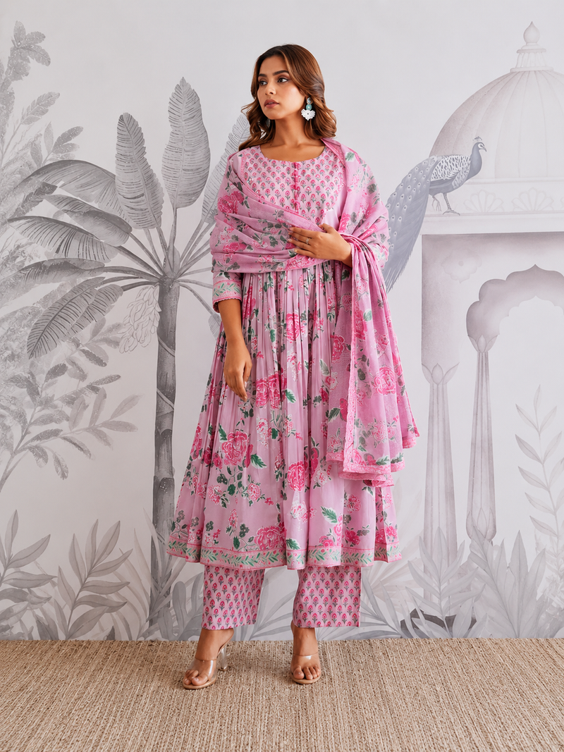 Jaipuri Cotton Flared Anarkali Suit Set