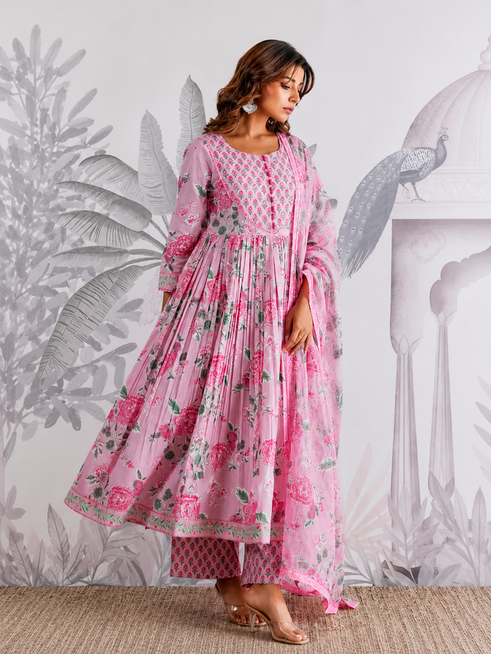 Jaipuri Cotton Flared Anarkali Suit Set