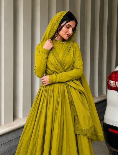 Olive Mustard Green Embroidered Anarkali Suit Set