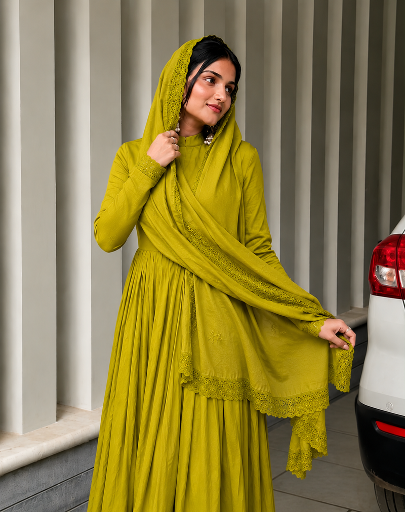 Olive Mustard Green Embroidered Anarkali Suit Set