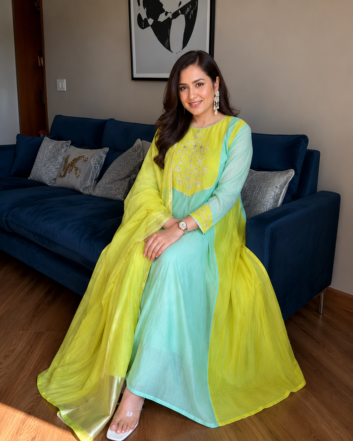 Elegant Mint Green & Lime Yellow Embroidered Anarkali Suit Set