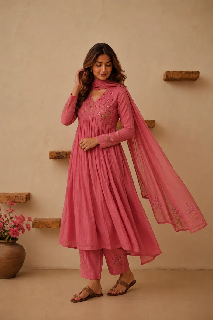 Pink Designer Anarkali Suit Set with Floral Embroidery