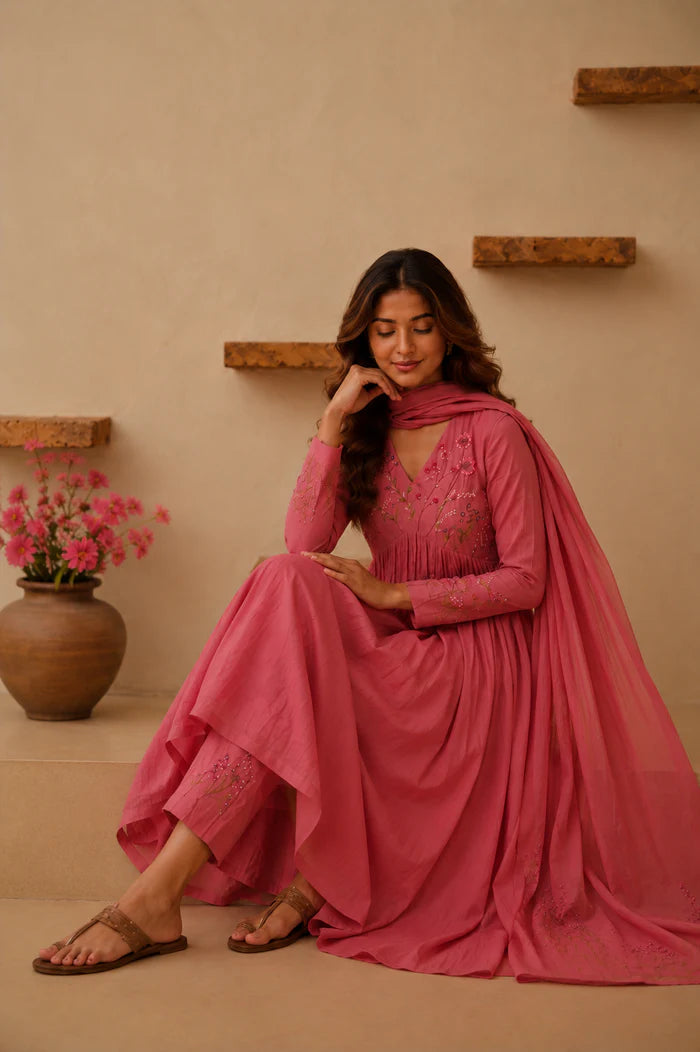 Pink Designer Anarkali Suit Set with Floral Embroidery