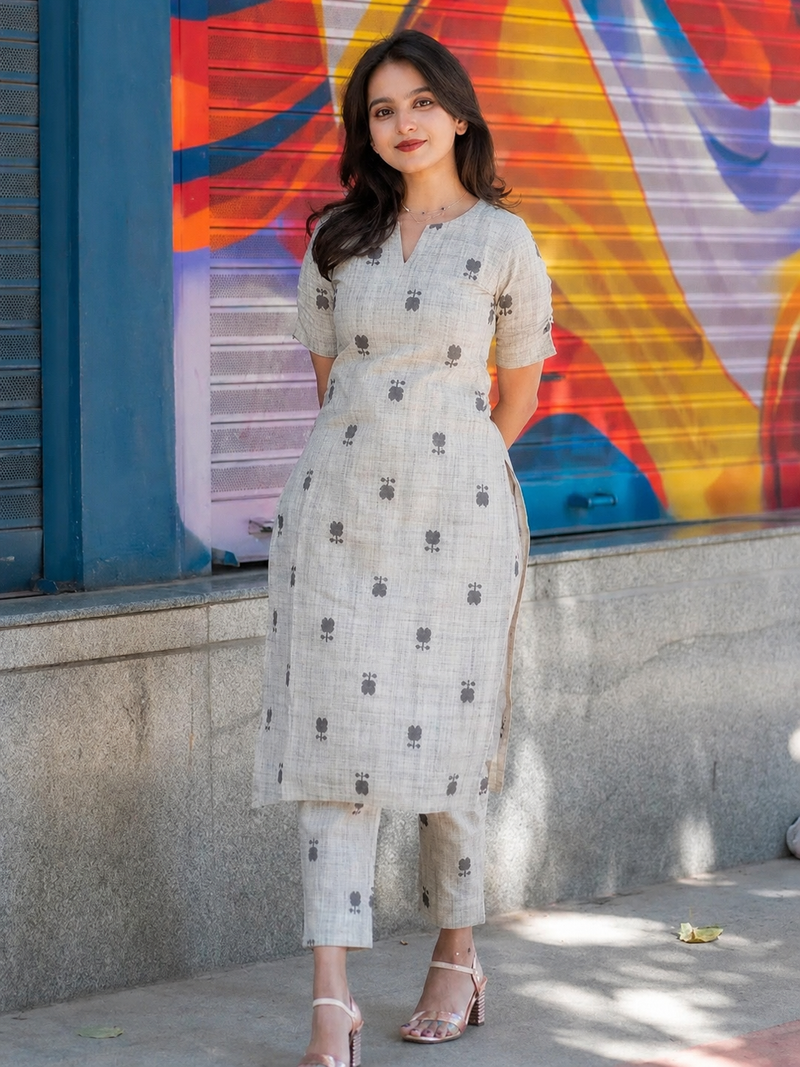 Grey Linen Pure Cotton Kurti Pant Set