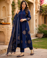 Pure Cotton Navy Blue Patchwork A-Line Kurta Pant Dupatta Set