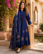 Pure Cotton Navy Blue Patchwork A-Line Kurta Pant Dupatta Set