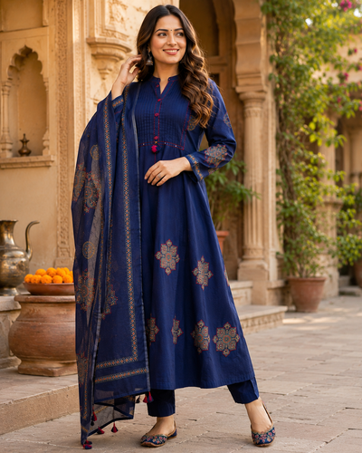 Pure Cotton Navy Blue Patchwork A-Line Kurta Pant Dupatta Set