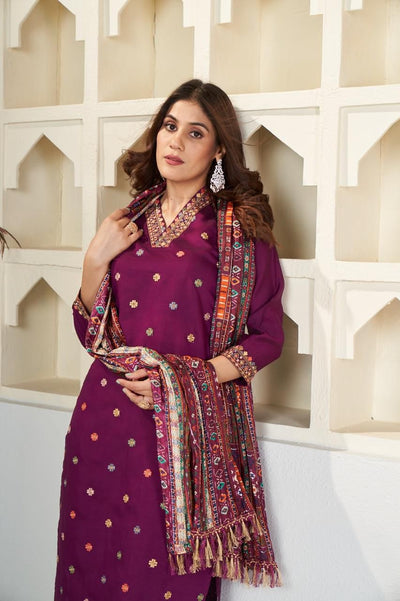 Elegant Wine Purple Embroidered Kurta Pant Set