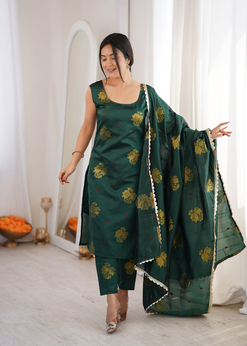 Dark Green Aura Chanderi Jacquard Suit Set