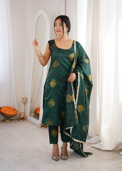 Dark Green Aura Chanderi Jacquard Suit Set