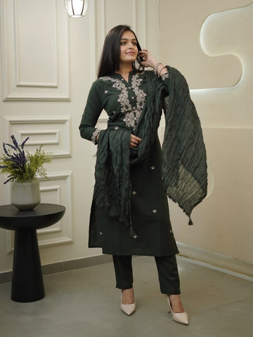 Festive Rayon Slub Embroidered Suit Set