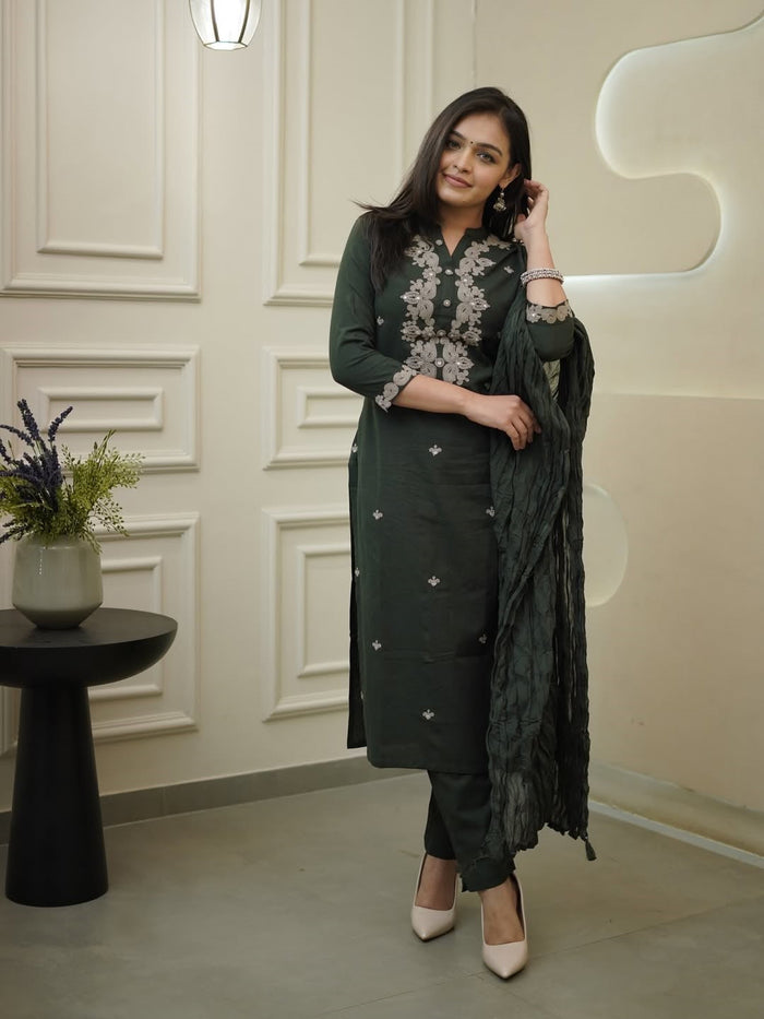 Festive Rayon Slub Embroidered Suit Set