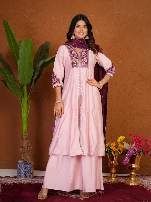 Pink Roman Silk Anarkali Kurti Set