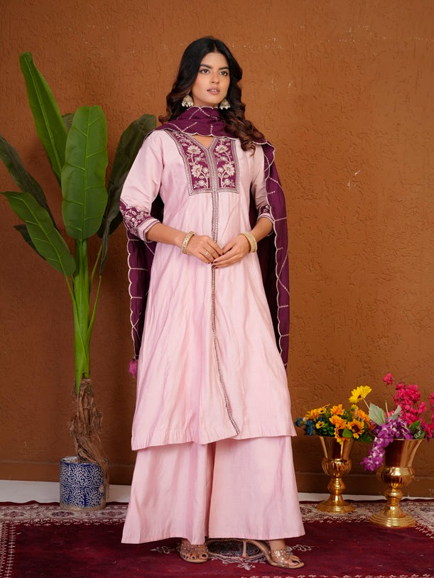 Pink Roman Silk Anarkali Kurti Set