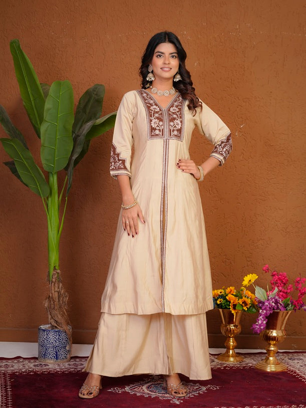 Cream Roman Silk Anarkali Kurti Set