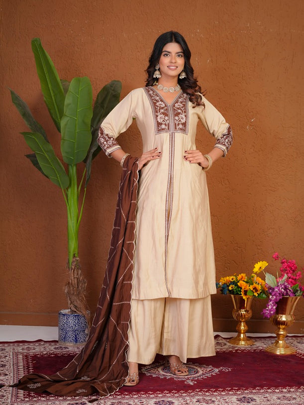 Cream Roman Silk Anarkali Kurti Set