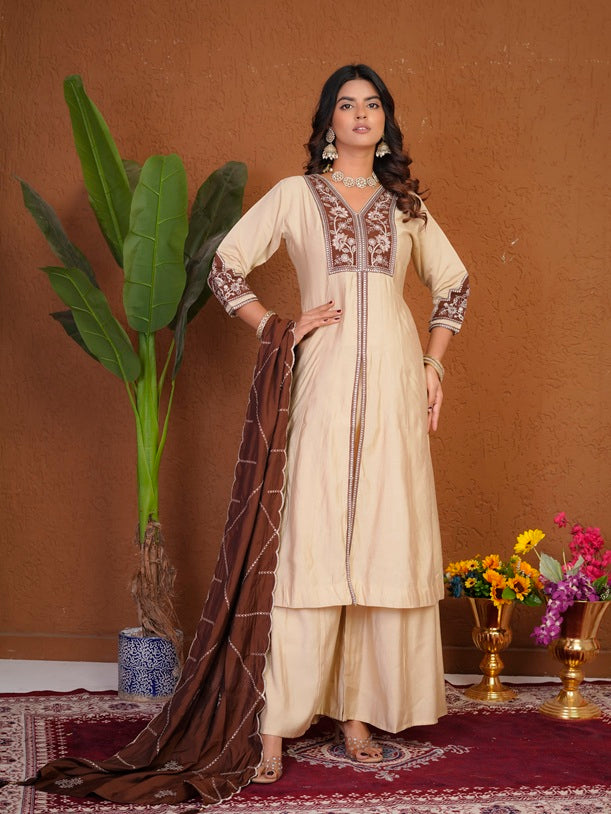 Cream Roman Silk Anarkali Kurti Set