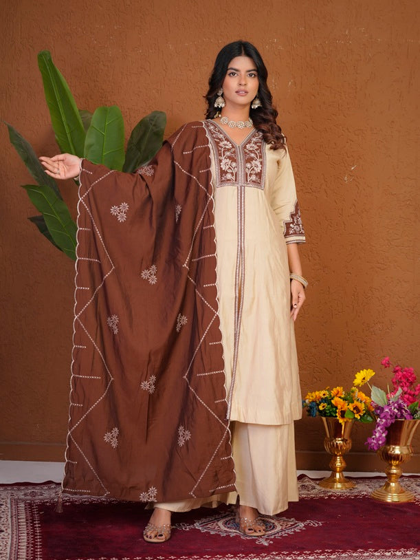 Cream Roman Silk Anarkali Kurti Set