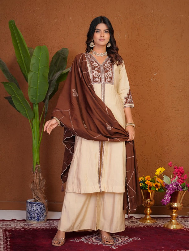 Cream Roman Silk Anarkali Kurti Set
