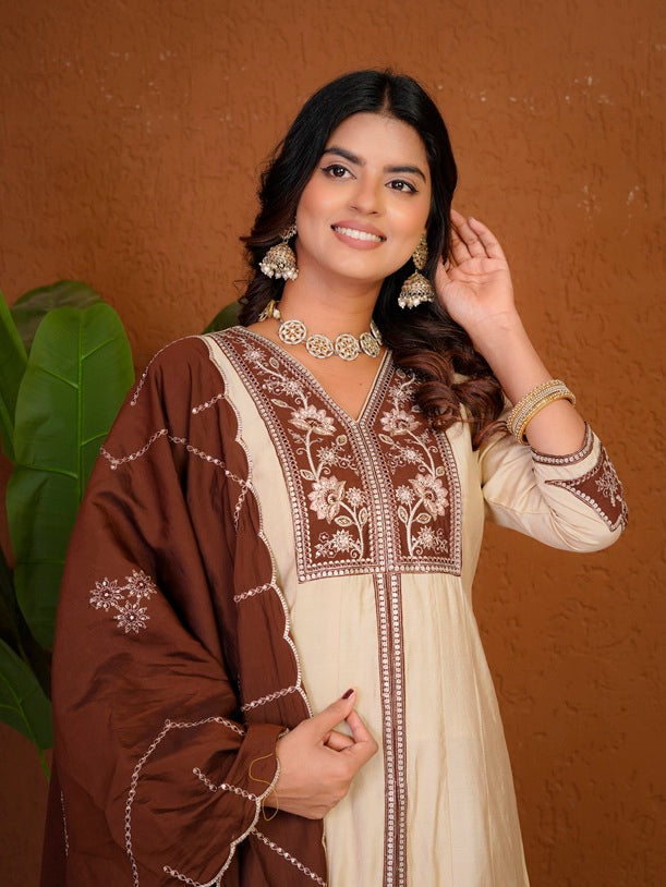 Cream Roman Silk Anarkali Kurti Set