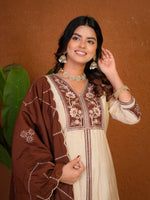 Cream Roman Silk Anarkali Kurti Set