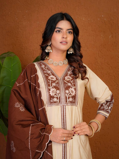 Cream Roman Silk Anarkali Kurti Set