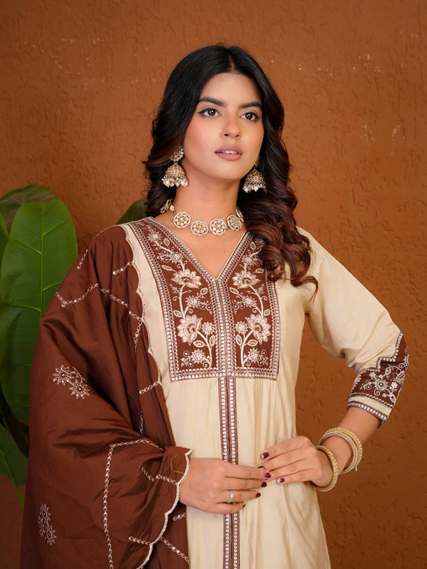 Cream Roman Silk Anarkali Kurti Set