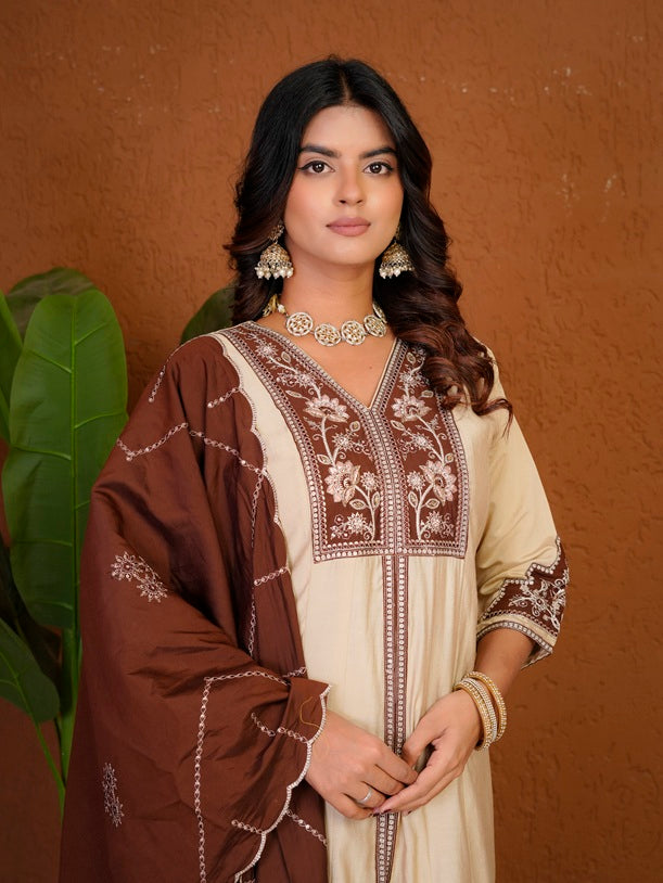 Cream Roman Silk Anarkali Kurti Set