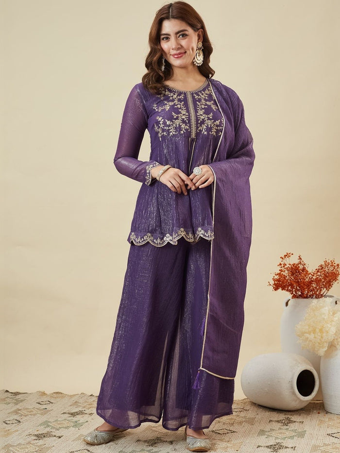 Purple Crunchy Silk Embroidered Palazzo Set