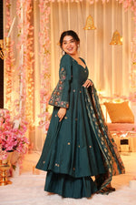 Dark Green Embroidered P.V. Chanderi Sharara Set