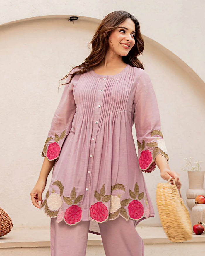 Elegant Lavender Mul Chanderi Embroidered Cord Set for Women