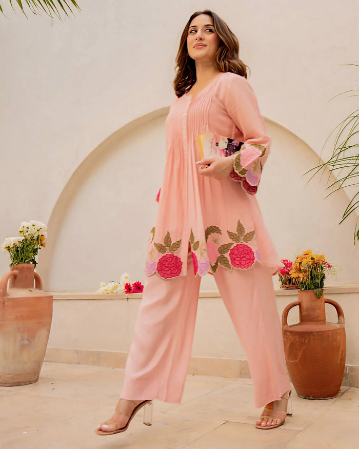 Elegant Peach Mul Chanderi Embroidered Cord Set for Women