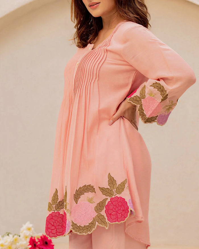 Elegant Peach Mul Chanderi Embroidered Cord Set for Women