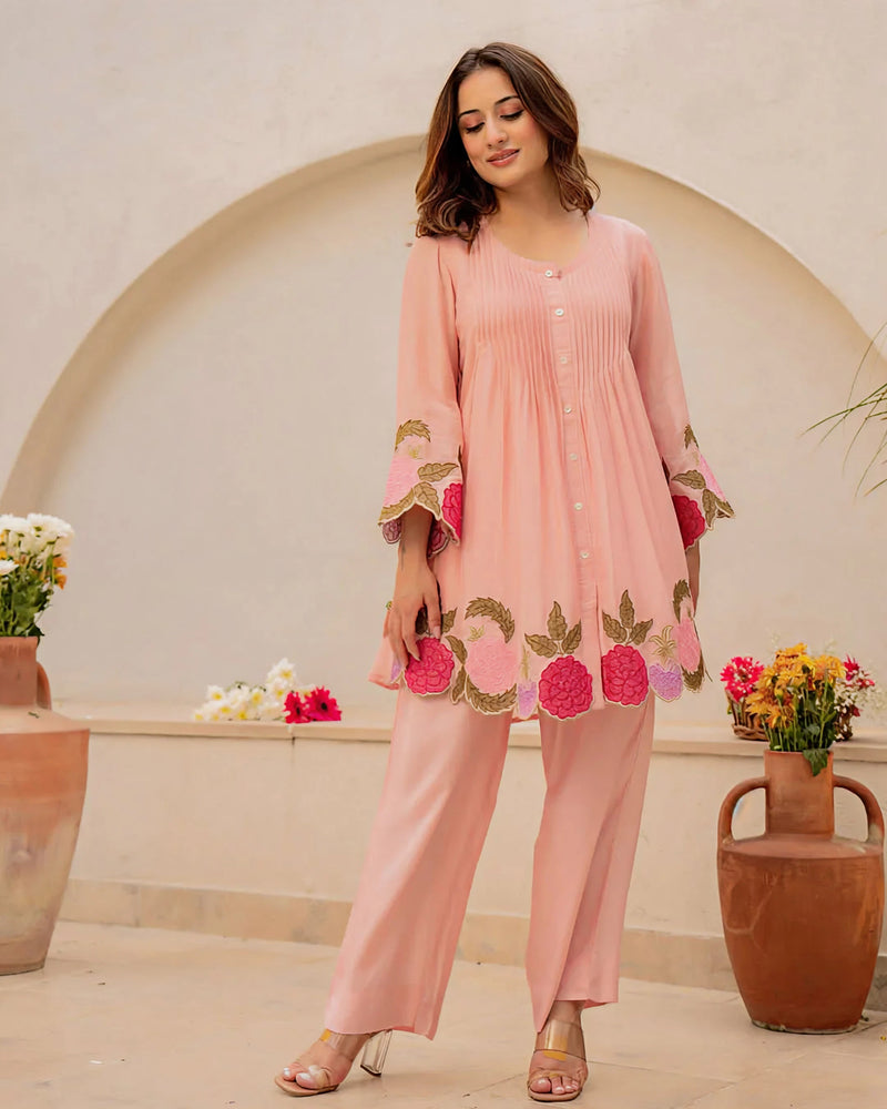 Elegant Peach Mul Chanderi Embroidered Cord Set for Women