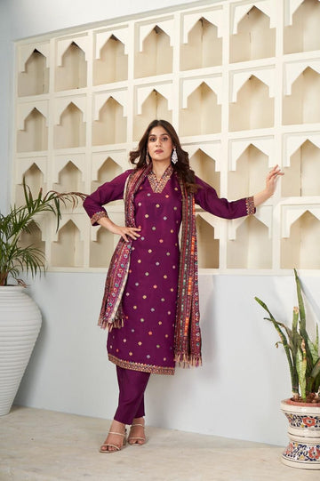 Elegant Wine Purple Embroidered Kurta Pant Set
