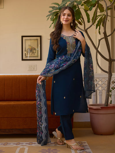 Midnight Blue Embroidered Chanderi Suit Set